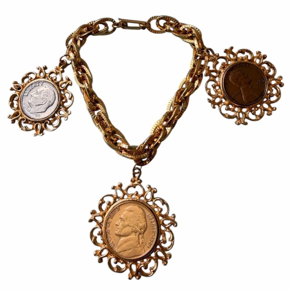 ✨ Vintage Franklin Mint “Three Coins in the Fountain” Charm Bracelet